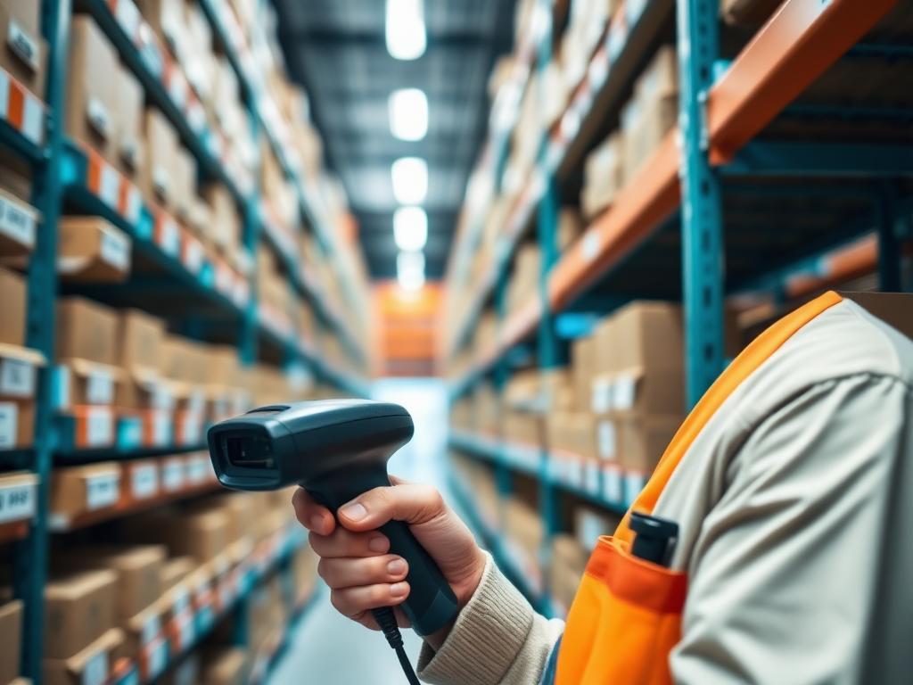 Warehouse operator scanning barcodes in a modern facility