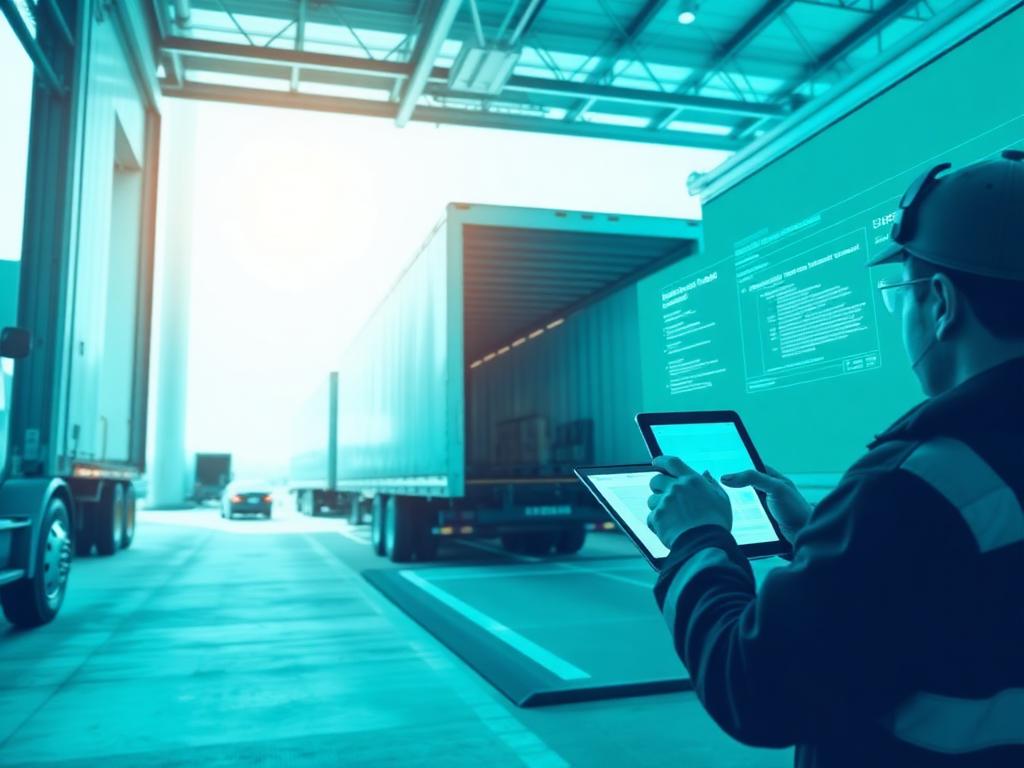 Driver using tablet for dispatch at loading dock