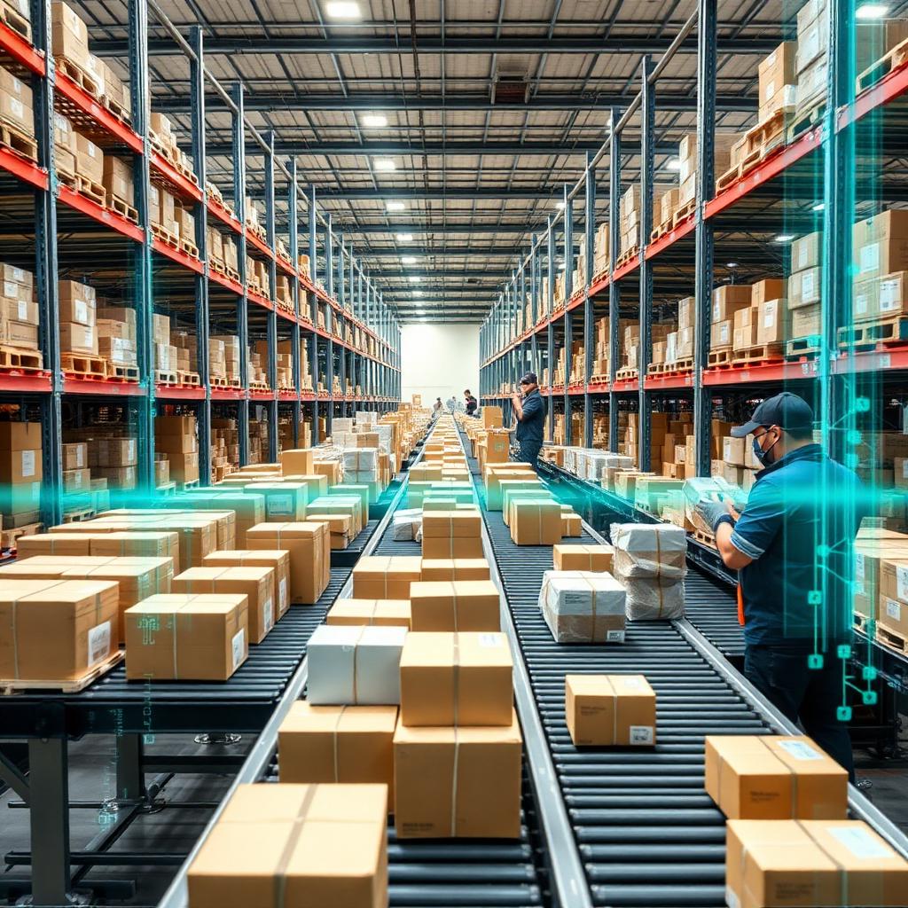 Cross-border e-commerce fulfillment warehouse with conveyor and parcels