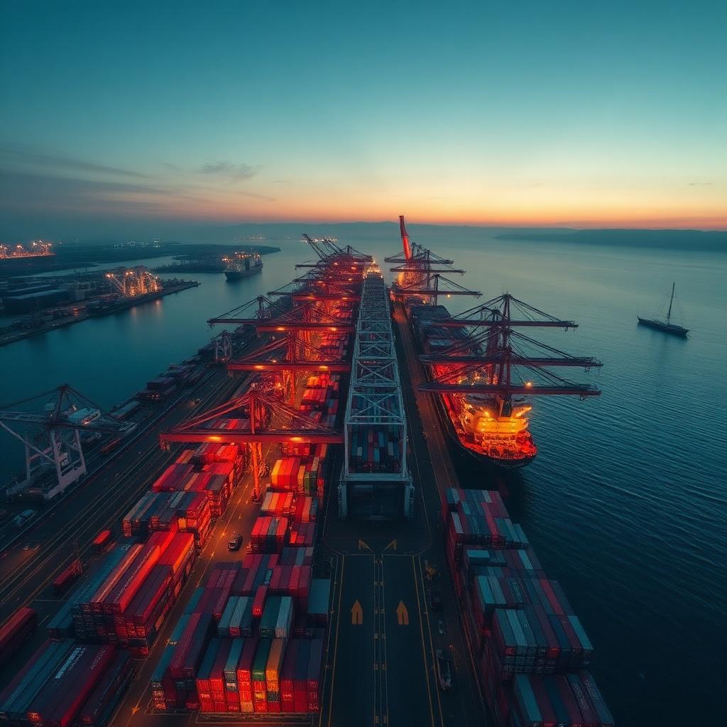 Container port at dusk representing global freight operations